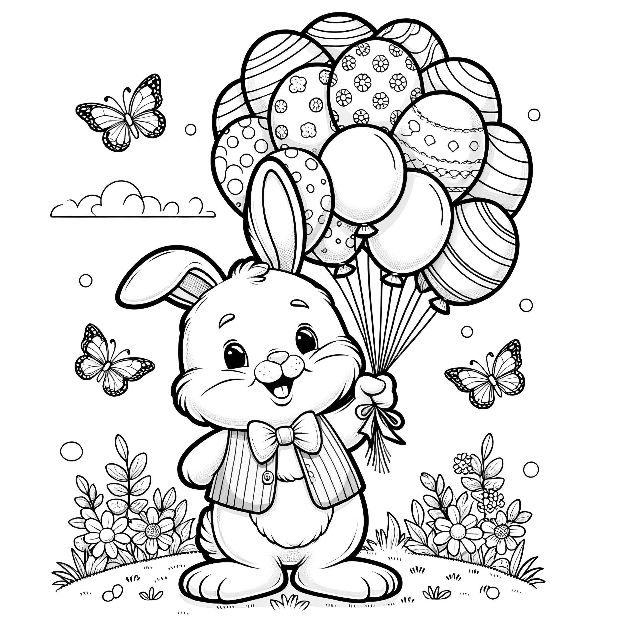 Stylish Easter Bunny With Balloons And Butterflies: Coloring Page pertaining to Coloring Pages Easter Bunny Printable